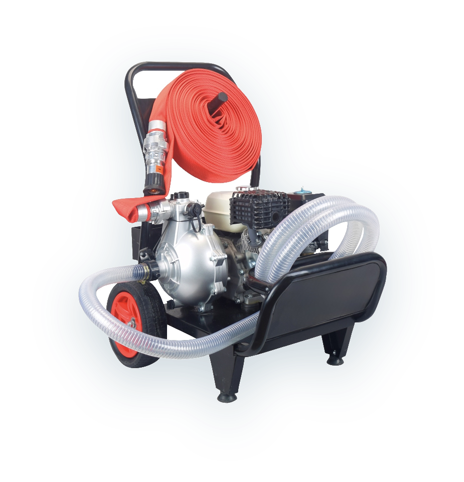 Kit complet Welix Hydrashield : motopompe thermique sur chariot, tuyau d'aspiration, tuyau de refoulement rouge enroulé et lance