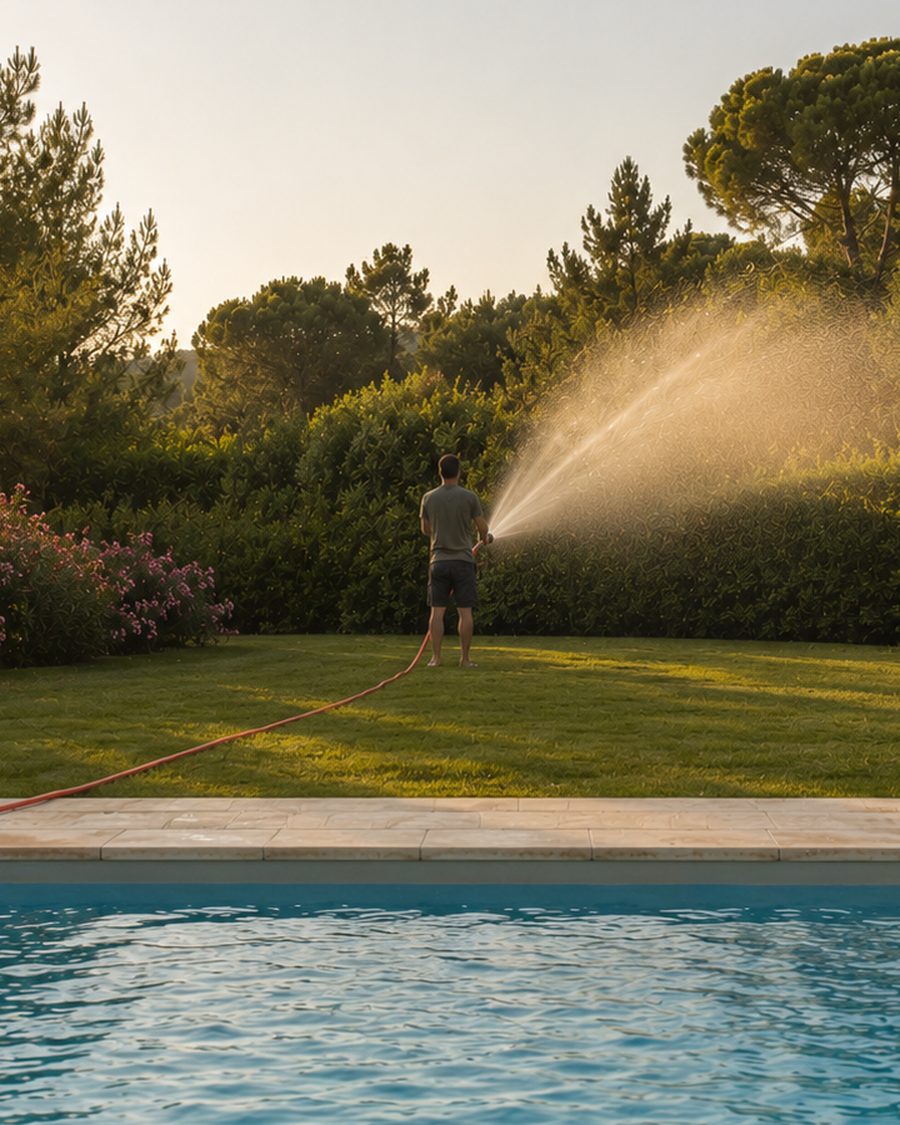 Un homme arrose la végétation de son jardin avec un tuyau rouge tiré depuis la piscine